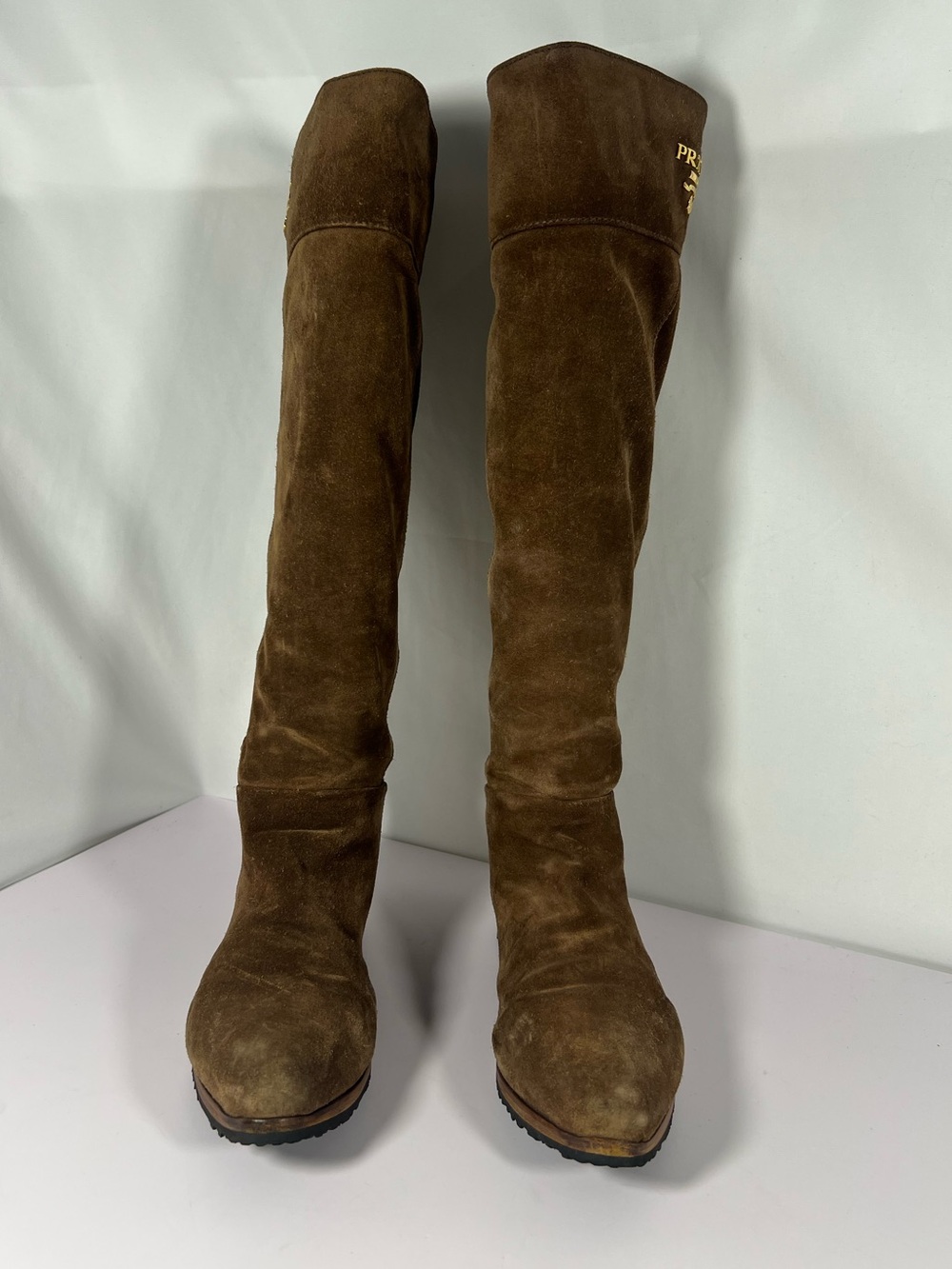 Prada Milano Suede Knee High Riding Boots Brown Logo EU 35 - Picture 2 of 8